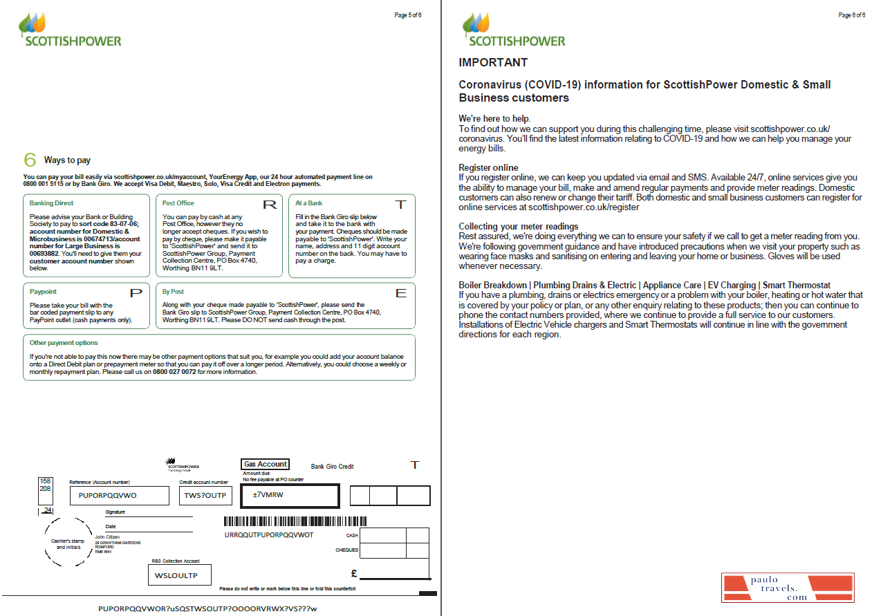 Scotland Scottish Power utility bill template in Word and PDF formats, 6 pages, 5 6 pages